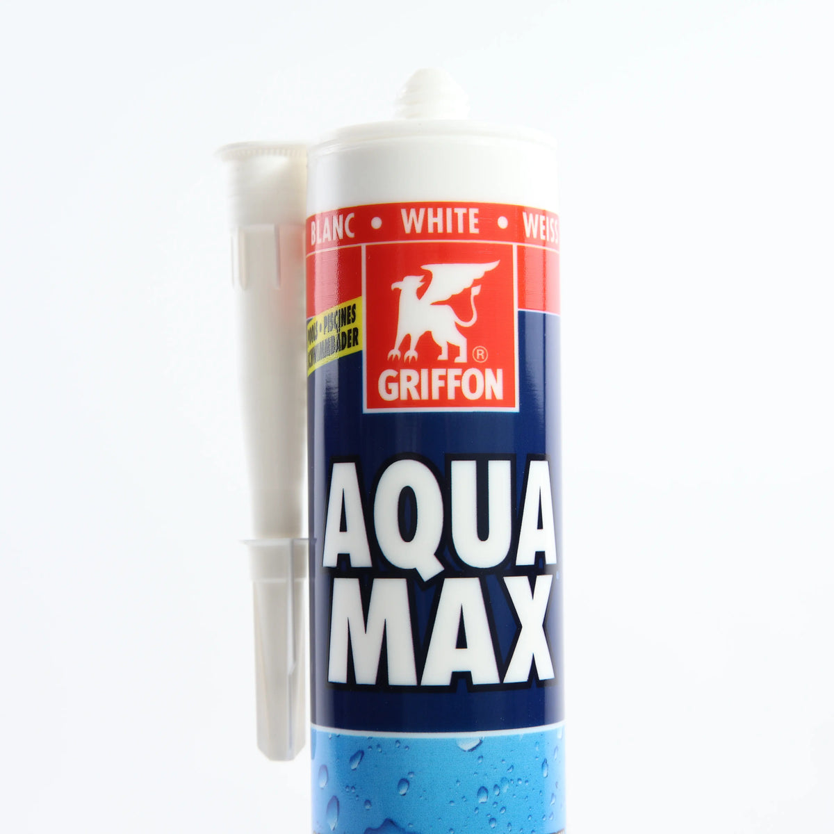 Герметик Griffon AquaMAX 425 г білий — картридж стоїть вертикально, передня етикетка показана крупним планом
