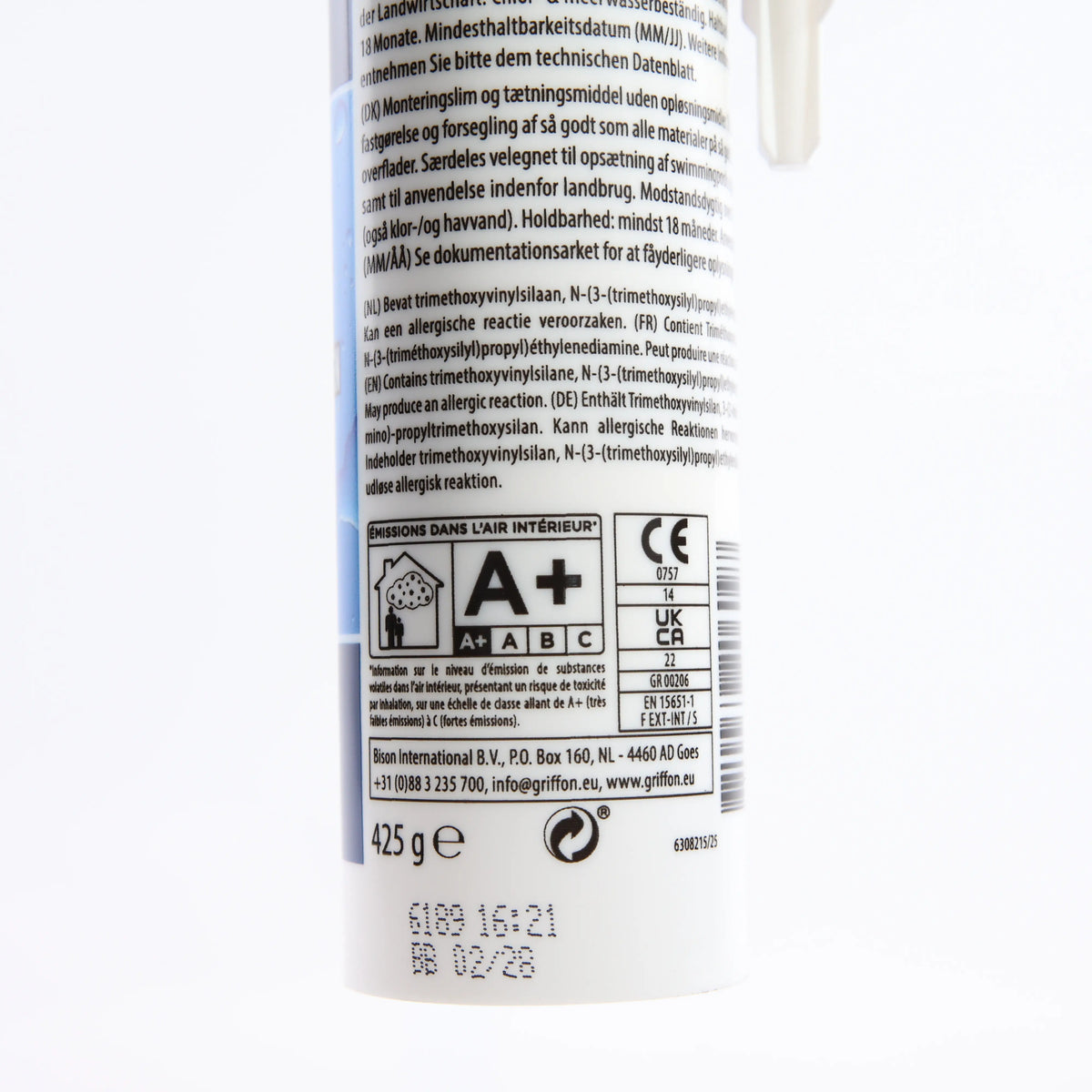 Герметик Griffon AquaMAX 425 г білий — нижня частина зворотної етикетки та маркування показані крупним планом