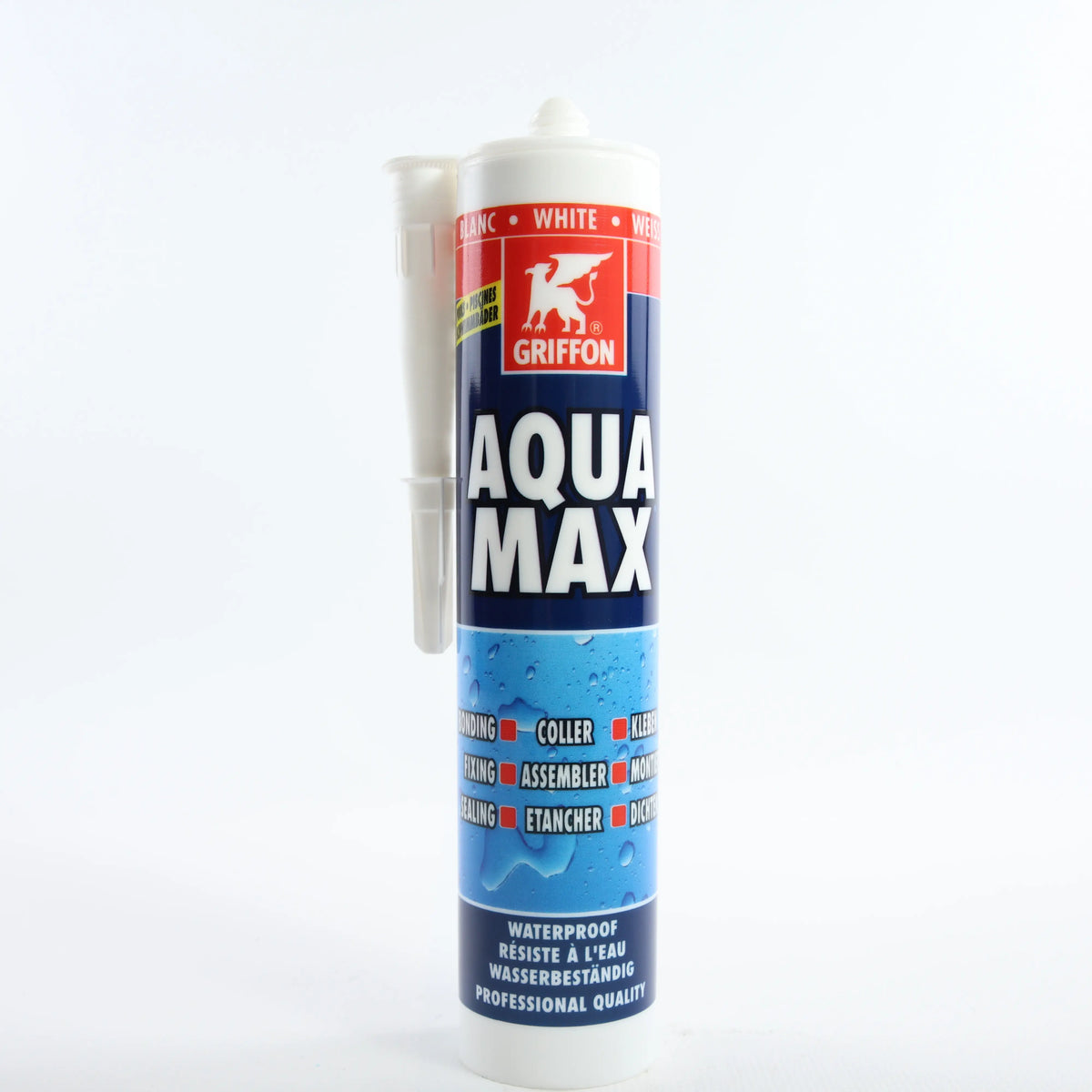 Герметик Griffon AquaMAX 425 г білий — картридж стоїть вертикально, повний фронтальний вигляд упаковки