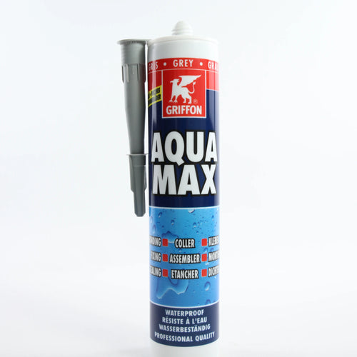 Герметик Griffon-AquaMAX 425 г (сірий) — картридж стоїть вертикально, повний фронтальний вигляд упаковки