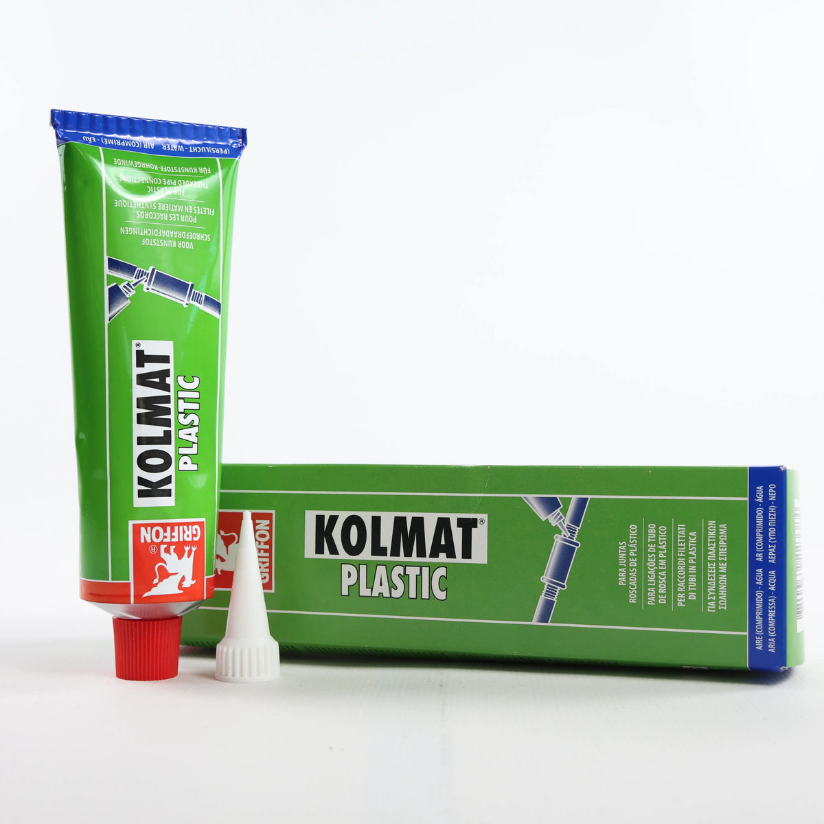 Герметик GRIFFON KOLMAT PLASTIC — тюбик стоїть поруч із коробкою та двома знятими ковпачками
