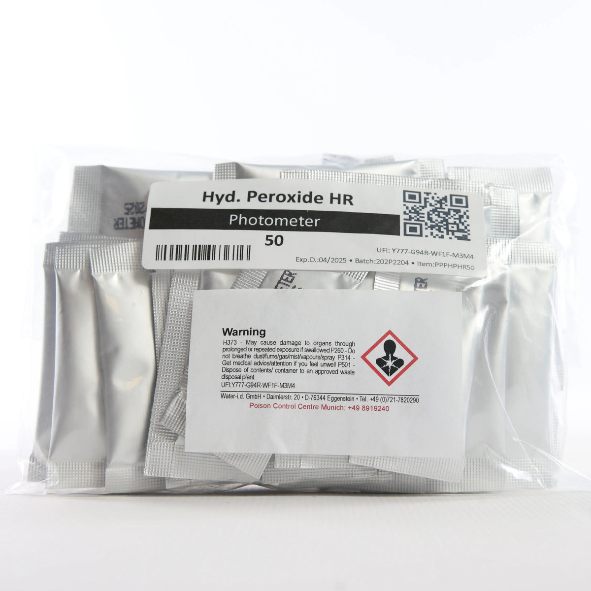 Hyd. Peroxide HR — 50 саше — прозору упаковку із саше показано спереду, етикетку добре видно