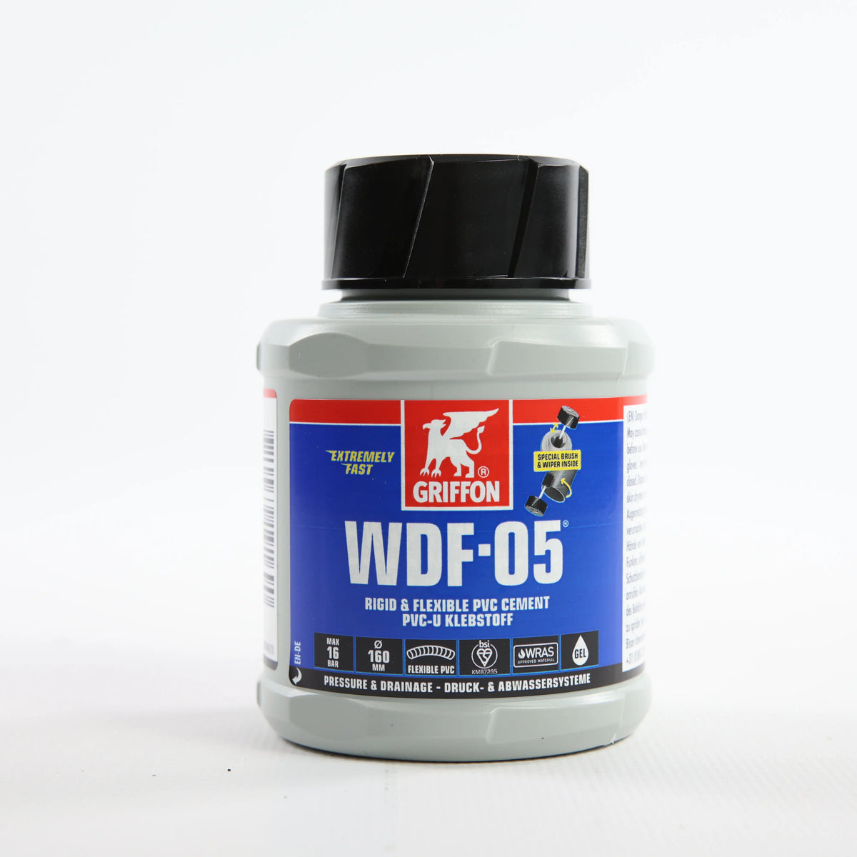 Клей для flex PVC_ABS Griffon WDF-05 0,25 л — банка стоїть вертикально, вигляд спереду з основною етикеткою