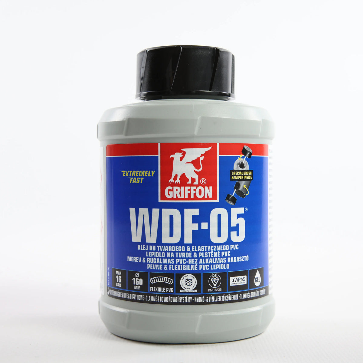 Клей для flex PVC_ABS Griffon WDF-05 0,5 л — банка стоїть вертикально, вигляд спереду з основною етикеткою