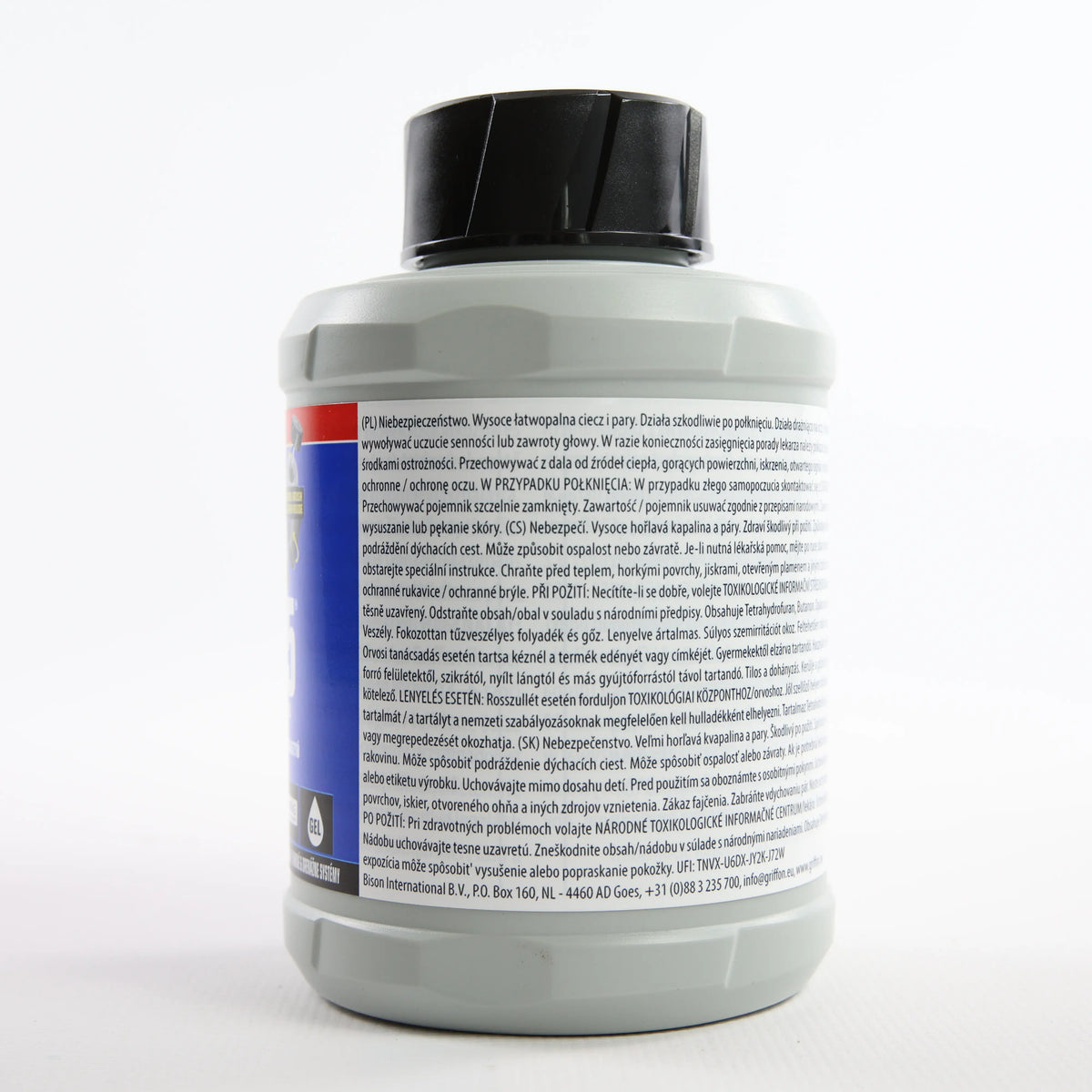 Клей для flex PVC_ABS Griffon WDF-05 0,5 л — банка стоїть вертикально, вигляд ззаду з текстом етикетки