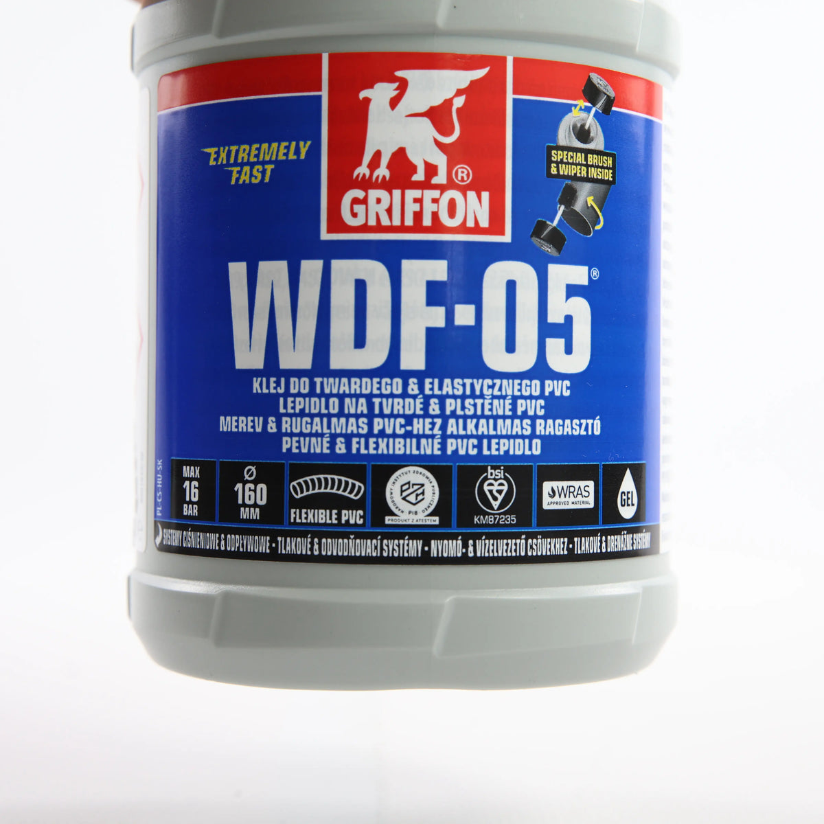 Клей для flex PVC_ABS Griffon WDF-05 0,5 л — передню етикетку банки показано крупним планом