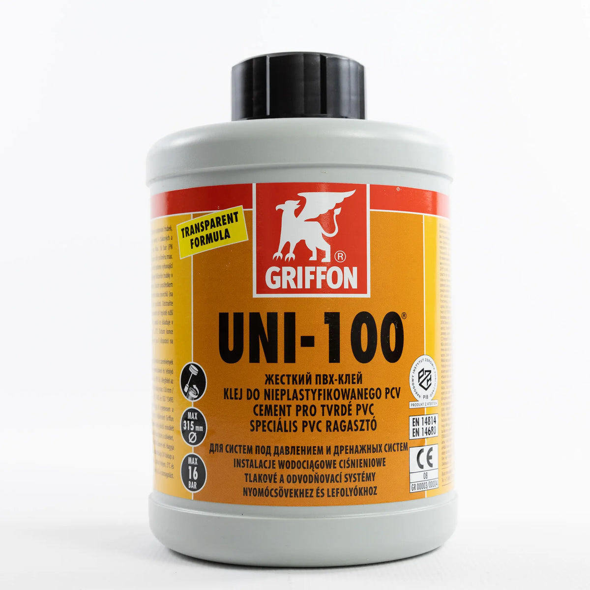 Клей для ПВХ Griffon UNI-100 1 л — велика банка стоїть вертикально, вигляд спереду з основною етикеткою