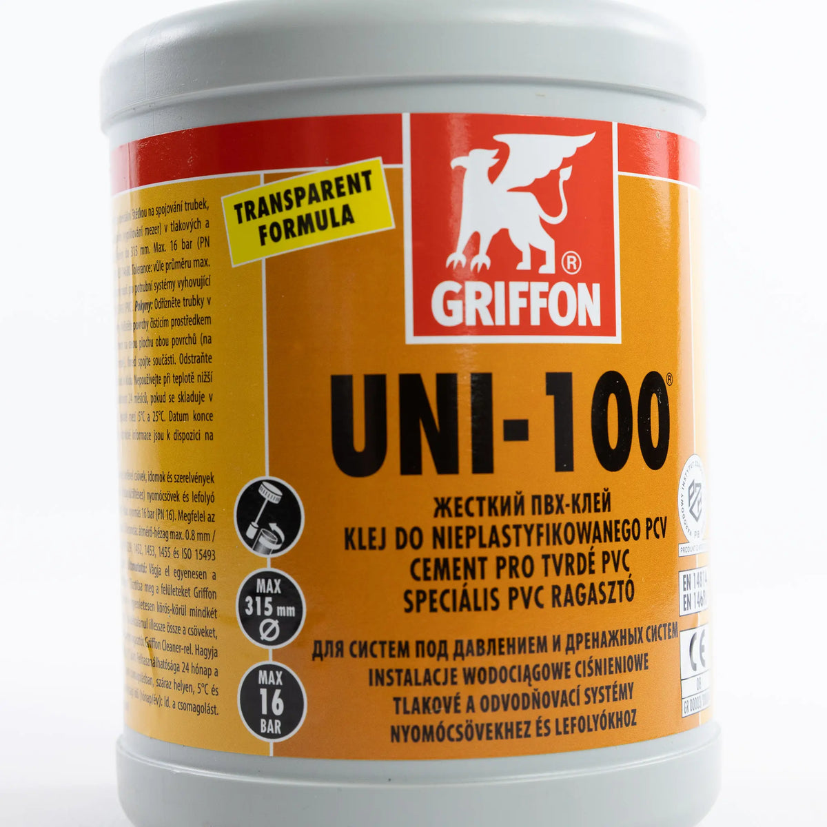 Клей для ПВХ Griffon UNI-100 1 л — передню етикетку великої банки показано крупним планом