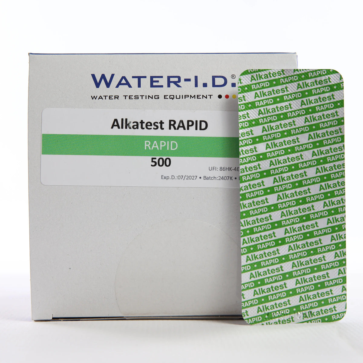rapid ALKATEST — 500 таб — упаковку показано разом із блістером таблеток у фронтальному ракурсі