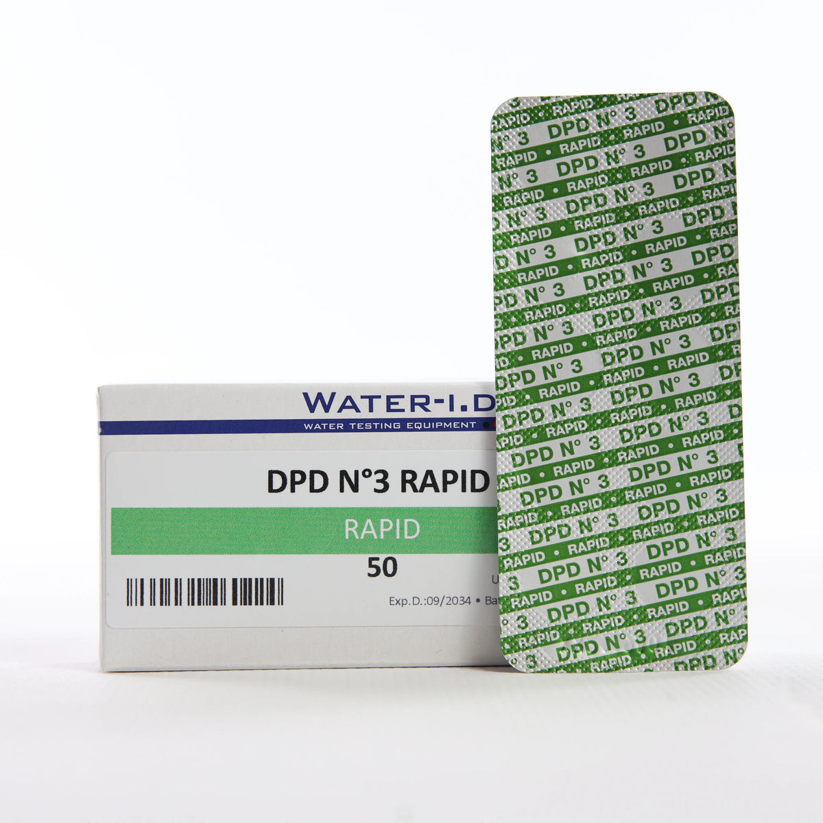 rapid DPD3 Хлор Загальний — 50 таб — упаковку показано разом із блістером таблеток у фронтальному ракурсі