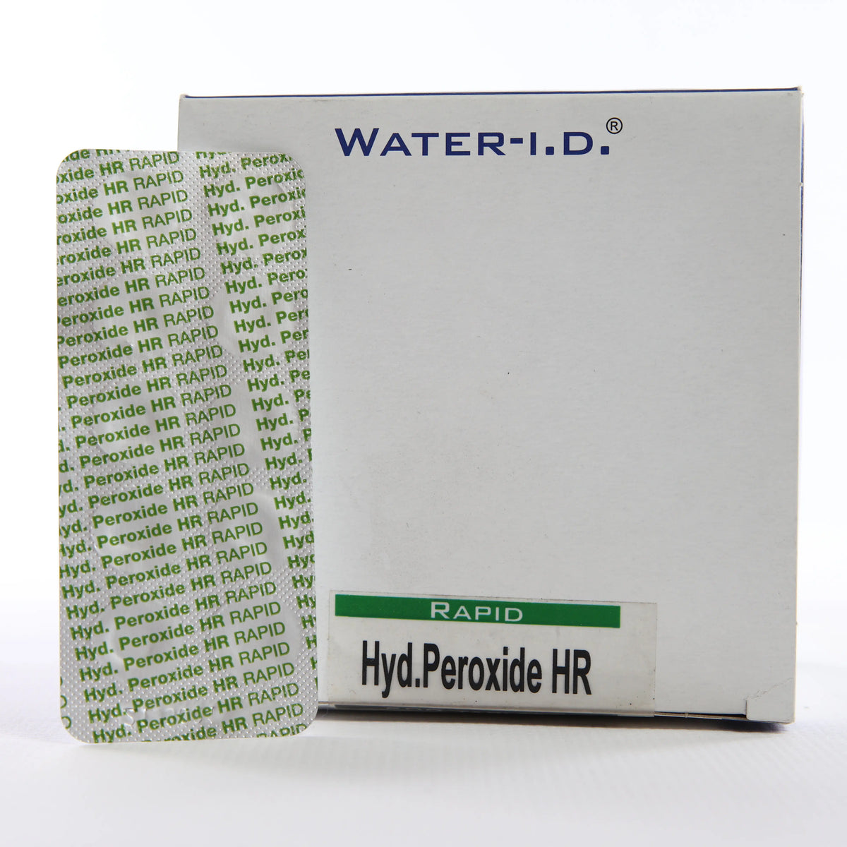 rapid Hyd. Peroxid HR — 500 таб — коробку показано під кутом, видно бічну панель