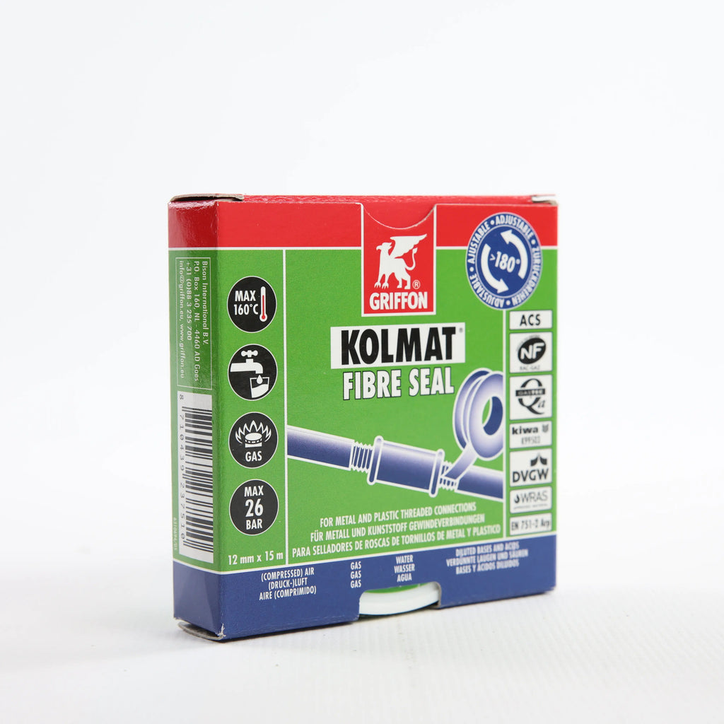 Стрічка ущільнювальна, армована просочена Kolmat Fibre Seal — коробка стоїть вертикально під кутом, видно передню та бічну панелі