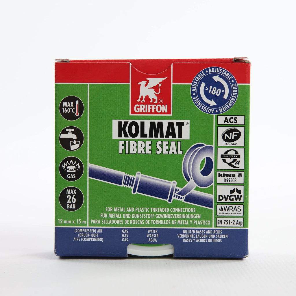 Стрічка ущільнювальна, армована просочена Kolmat Fibre Seal — коробка стоїть вертикально, прямий вигляд передньої панелі